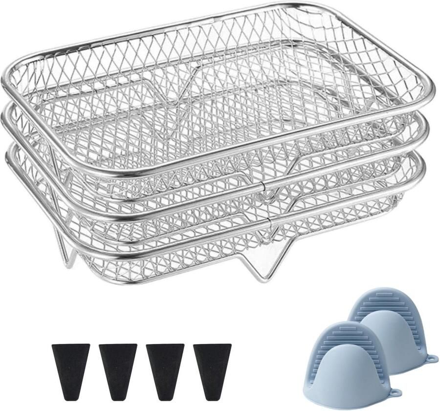 SnelShoppen Manden voor Airfryer Accessoires Heteluchtfriteuse Inzetstukken Roestvrij Staal Frytter Set van 3 Stapelbare Manden voor Airfryer met