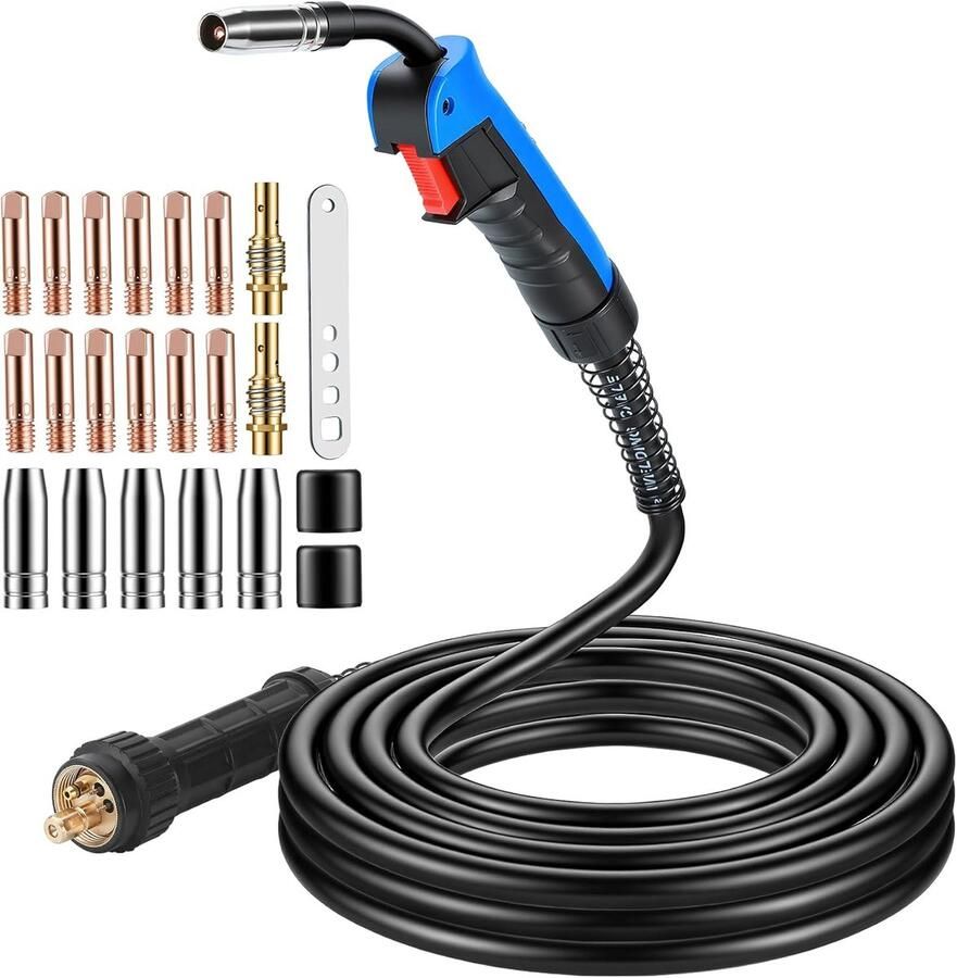 SnelShoppen MB15AK MIG MAG Lasbrander Set met 5 m Slang Euro Aansluiting 22-delige Slijtagedelen Set Inclusief Koperen Diffuser & Contact Doppen