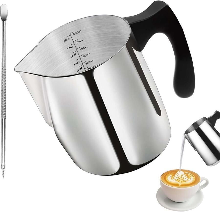 SnelShoppen Melkopschuimer Koffiekan 600 ml RVS Melkopschuimkan voor Latte Cappuccino en Koffie Professioneel en Handig voor Thuisgebruik
