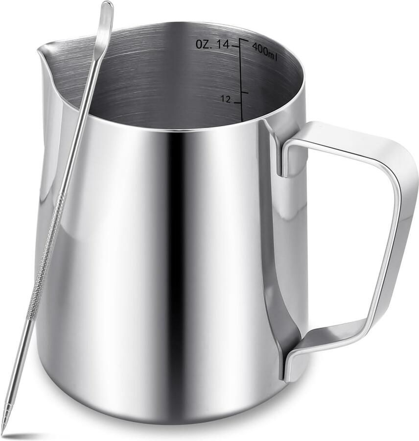 SnelShoppen Milk Foam Jug 400ml RVS Melkkan met Latte Art Pen Barista Melkopschuimer voor Koffie Machine Ideaal voor Koffieliefhebbers en Thuisg