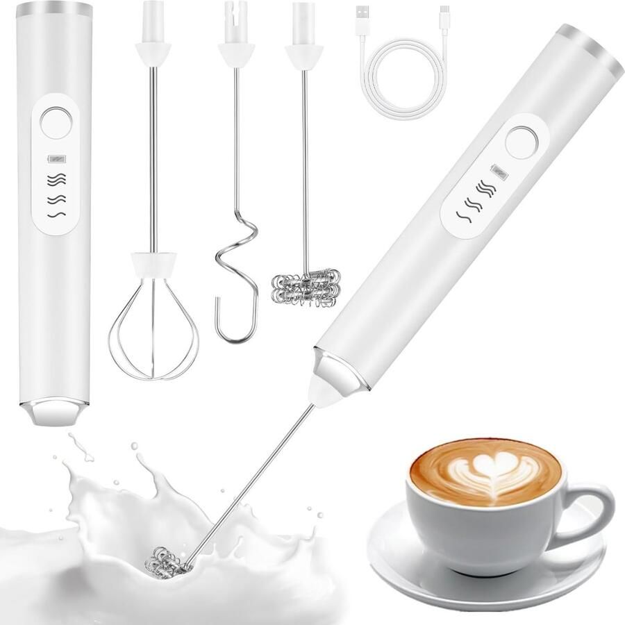 SnelShoppen USB Oplaadbare Melkopschuimer met 3 Snelheden en 3 Accessoires Elektrische Melkopschuimer voor Koffie Room en Eieren Wit