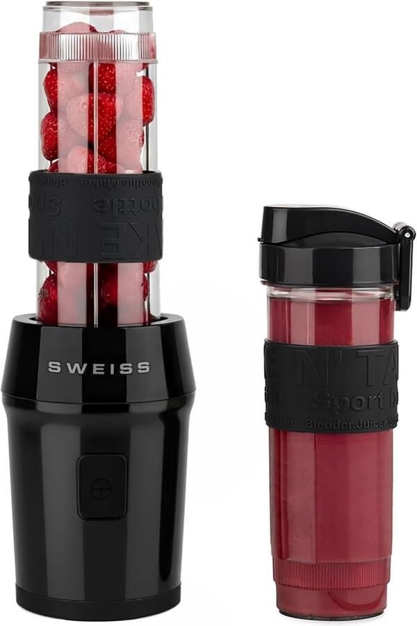 SnelShoppen Mini Blender Draagbare Mixer Smoothie Maker MOOV9 2 Drinkflessen 570 ml met Reislid 4 RVS Messen 300 W Vaatwasserbestendig Zwart