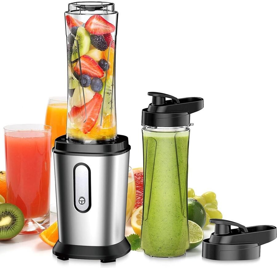 Thijox Mixer 500 W Mini-Blender & Smoothiemaker met 2 x 600 ml Flessen BPA-vrij Tritan Draagbare Mixer van Roestvrij Staal 4 Bladen voor Smoothi