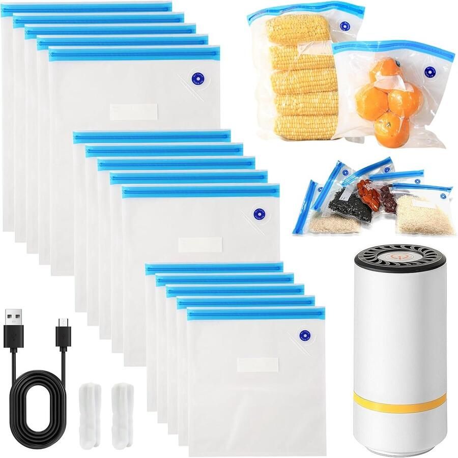 SnelShoppen Mini Food Vacuum Machine Handheld Vacuum Sealer met 15 Vacuum Bags USB Food Vacuum Pump voor Versheid Ideaal voor Keuken Reizen Cam
