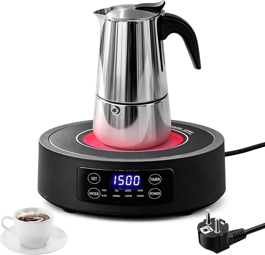 SnelShoppen Mini inductiekookplaat 1500W met koffiezetter 7 standen warmhoudfunctie waterdicht oververhittingsbeveiliging timer ideaal voor ca