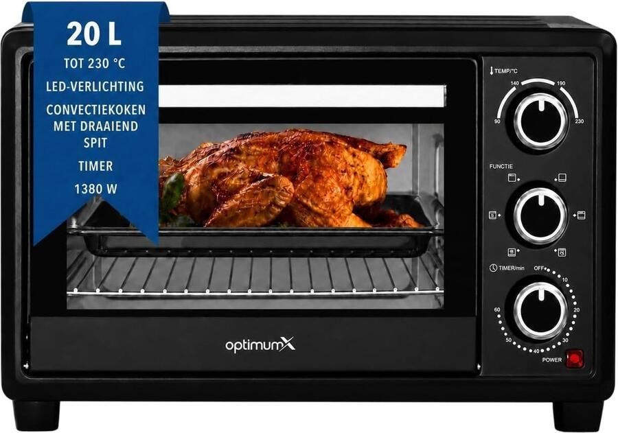 SnelShoppen Mini Oven 20 L Pizzaoven met Hetelucht Compact en Krachtig 1380 W Zwart voor Keuken Camping en Feesten