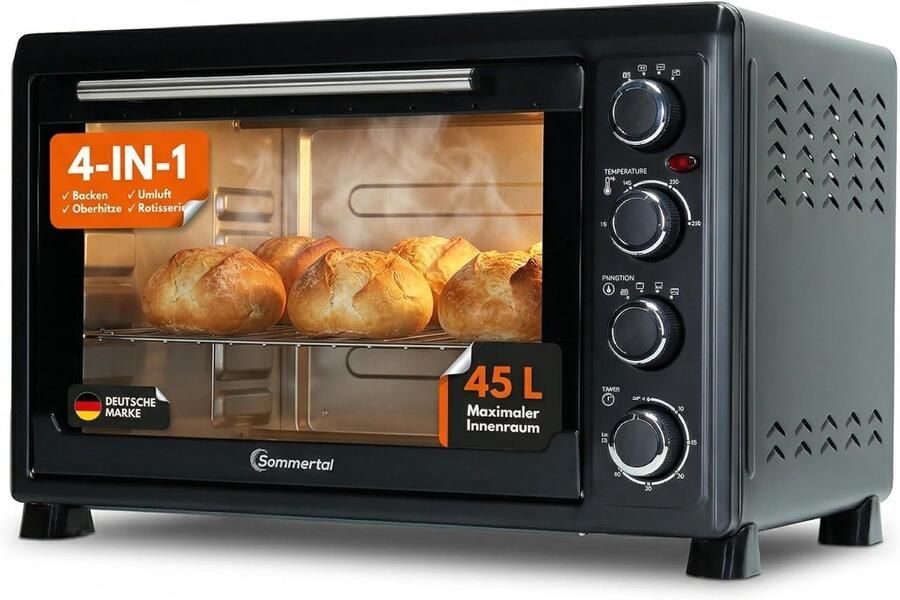 SnelShoppen Mini Oven 45L met Draaispit & Convectie 2000 W 100-230 °C 60 min Timer Kippen Grill Oven Tafeloven voor Bakken Grillen en Pizza 7