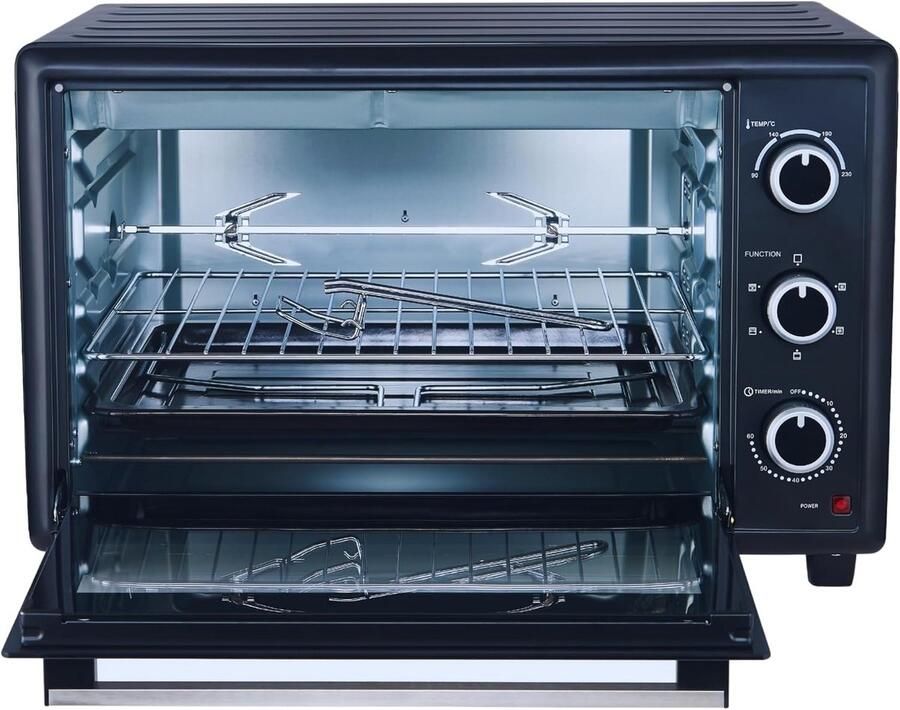 SnelShoppen Mini Oven 60 L Heteluchtoven met Draaispit 2200 W Zwarte Keukenoven voor Feest Camping en Gezelligheid