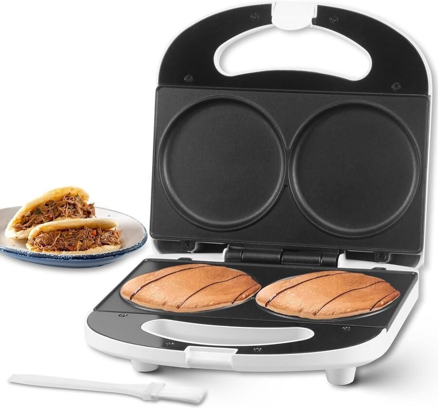SnelShoppen Mini Pancake Maker Elektrische Dubbele Pannekoekenpan Ideaal voor Pannenkoeken Eieren Cookies Arepas & Ontbijtsandwiches Wit