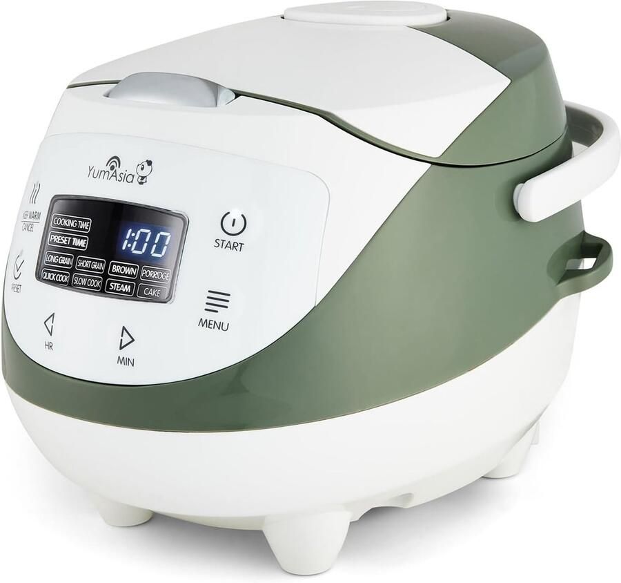 SnelShoppen Mini Rijstkoker 3 5 Kop Met Fuzzy Logic Keramische Kom LED-Display 4 Rijstkook- en Multicooker-Functies Wit en Saliegroen Ideaal Vo