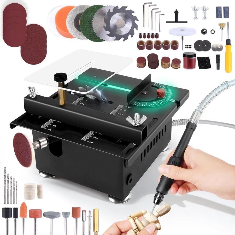 SnelShoppen Mini Tafelzaag 100 W Diepte Instelbaar van 0 tot 16 mm 7 Snelheden 4 Zagen Compacte Zaagbank voor Houtbewerking Hobby Modelbouw en