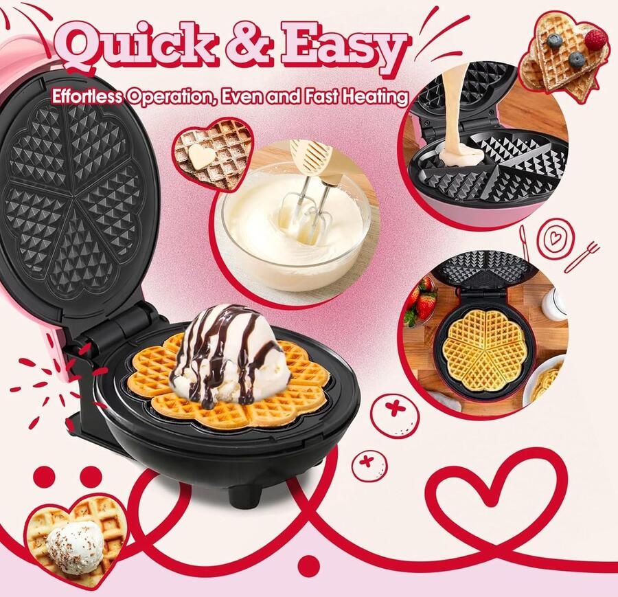 SnelShoppen Mini Wafelijzer Hartvormig 17 8 cm Anti-aanbak Wafelijzer voor Kinderen Keto Snacks Familie Ontbijt Perfect voor Feestjes en Tussen