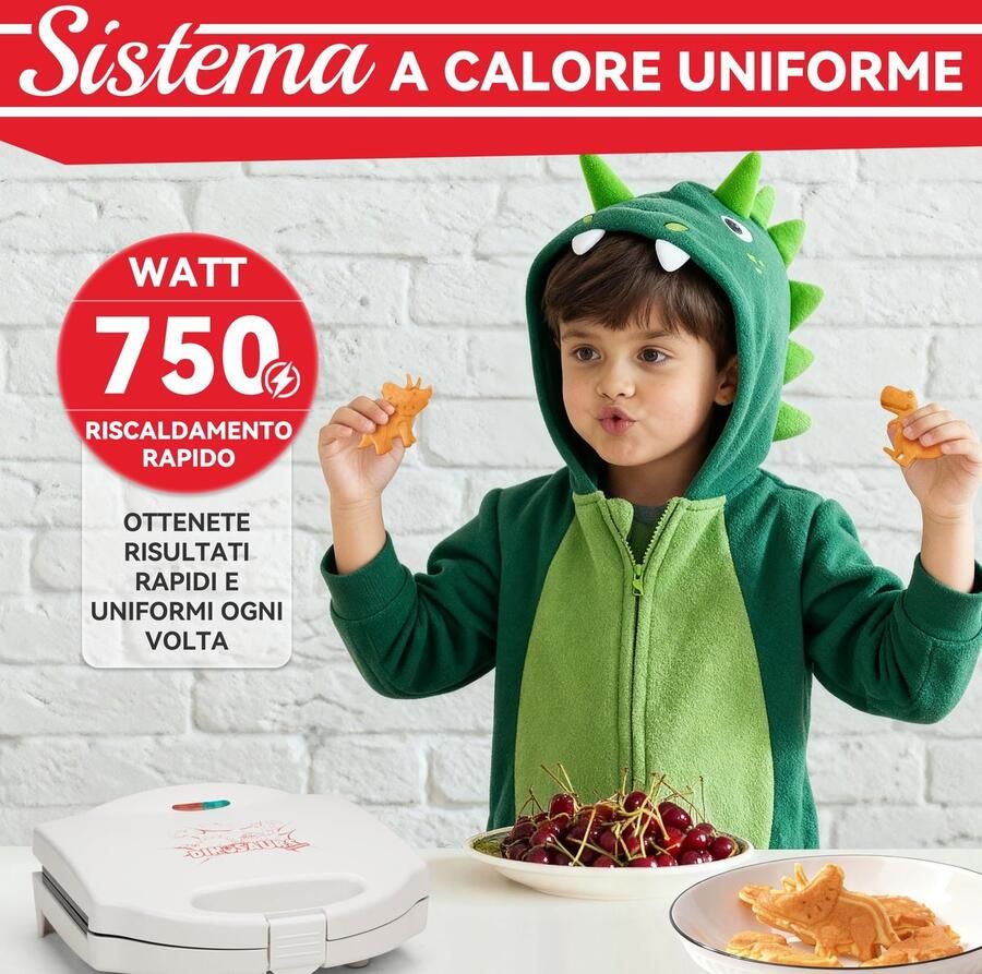 SnelShoppen Mini wafelijzer met dino-motief voor kinderen schattig klein wafelijzer in het wit met 8 verschillende dinosaurusmotieven voor het bakk