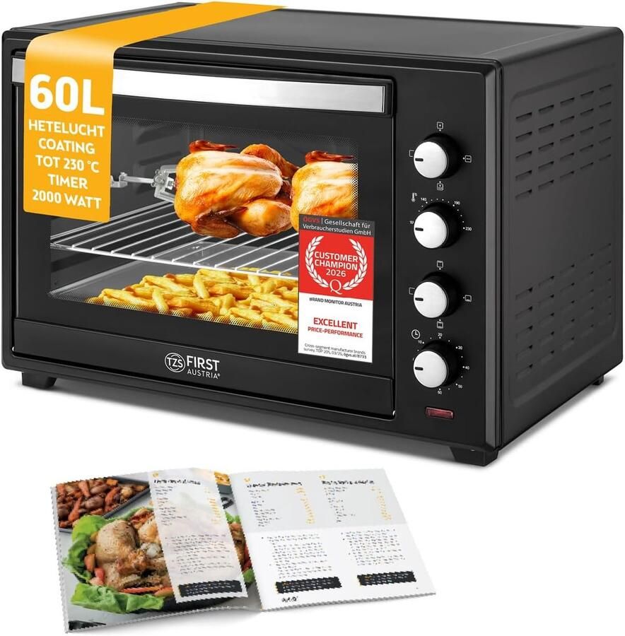 SnelShoppen Minibakoven 60L 2000W Mini Oven Pizzaoven met Temperatuurregeling tot 230°C 6 Modi 60 Min. Timer 4 Inschuifhoogtes Bakplaat Grill