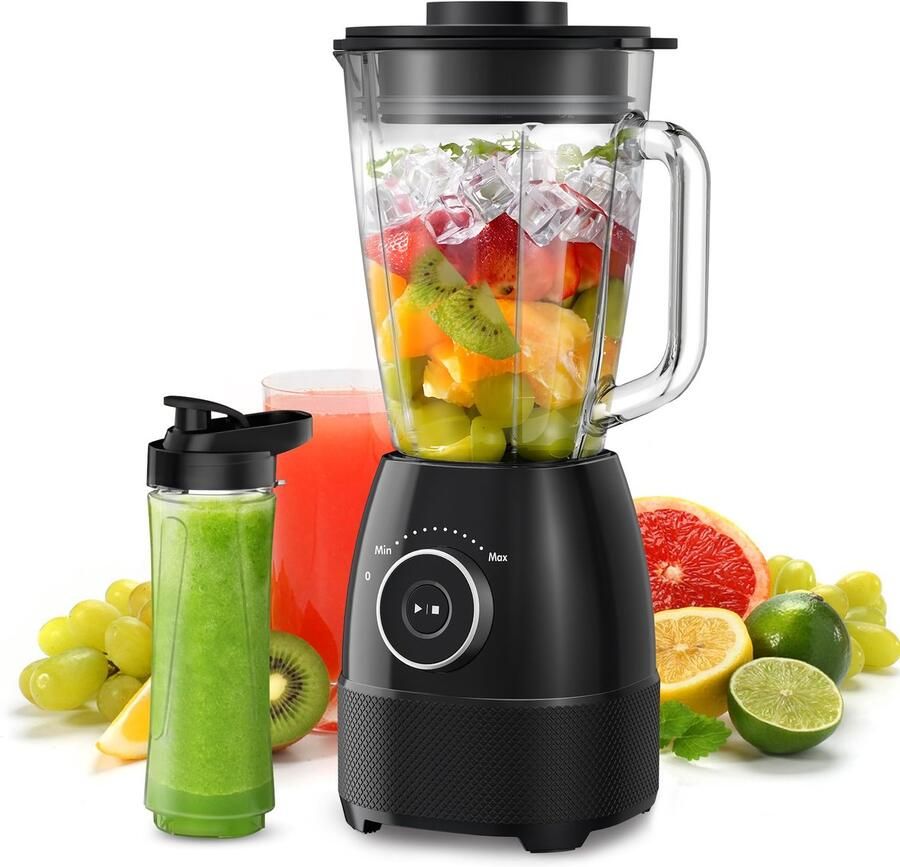 SnelShoppen Mixer Smoothiemaker Blender 1500 Watt Hogesnelheidsmixer met Glazen Reservoir 1 5 Liter 600 ml Flessen BPA-vrij Tritan Instelbare