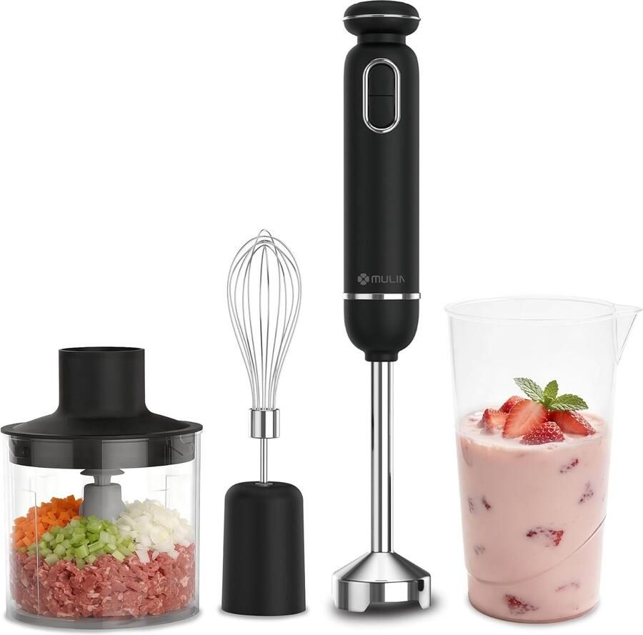 SnelShoppen 4-in-1 Hand Blender 600W met Verstelbare Snelheid en Spatbescherming Inclusief Klopper Maatbeker en Hakker voor Soepen Sauzen en Smoo