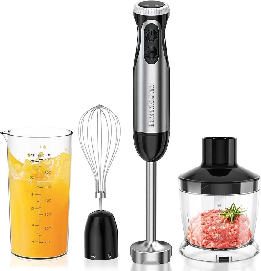 SnelShoppen Multifunctionele 4-in-1 Staafmixer Minipimer van Roestvrij Staal 1000 W 20 Snelheden Inclusief Garde 500ml Hakmolen en 700ml Maatbe