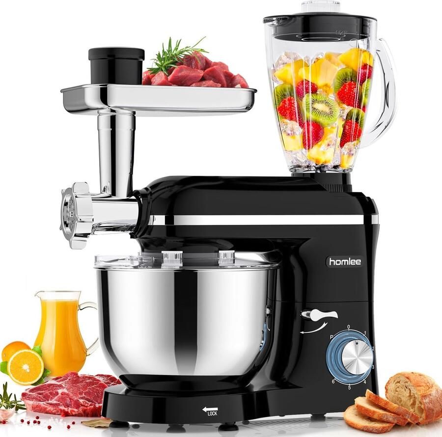 SnelShoppen Multifunctionele Blender en Vleesmolen 1800W Professionele Elektrische Vleesfabriek met Mengfunctie Glas 1.5L RVS Kom 5.5L 6 Snelhed