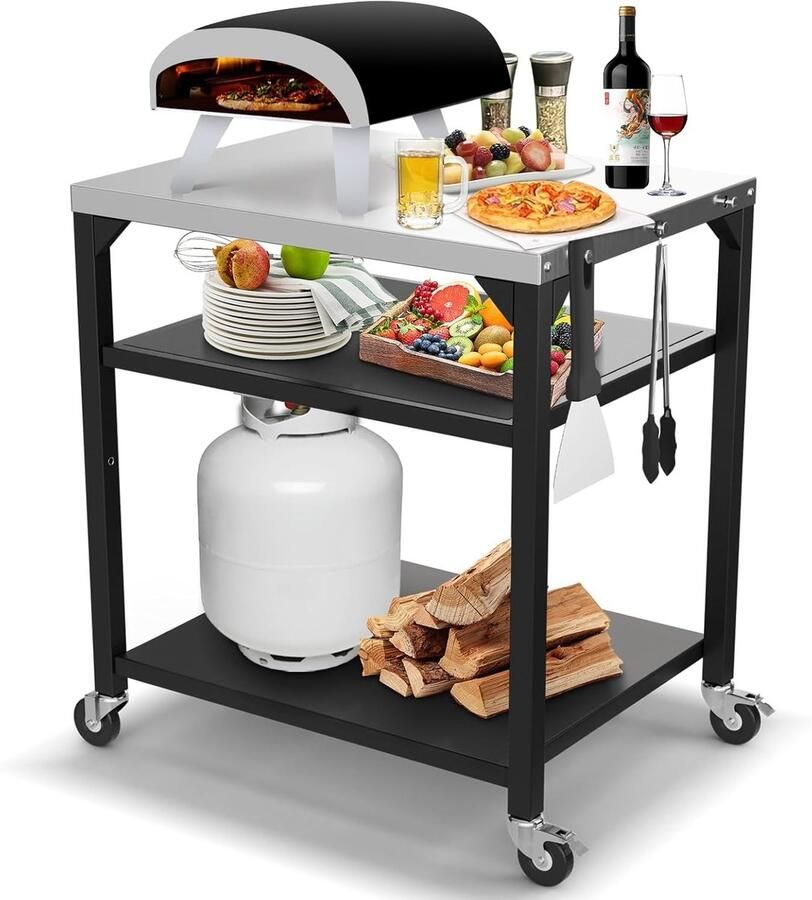 SnelShoppen Multifunctionele Pizza Tafel Cart voor Ooni Ninja Woodfire Blackstone Weber Q Roestvrijstalen Grill Trolley voor Buiten Keuken Tu
