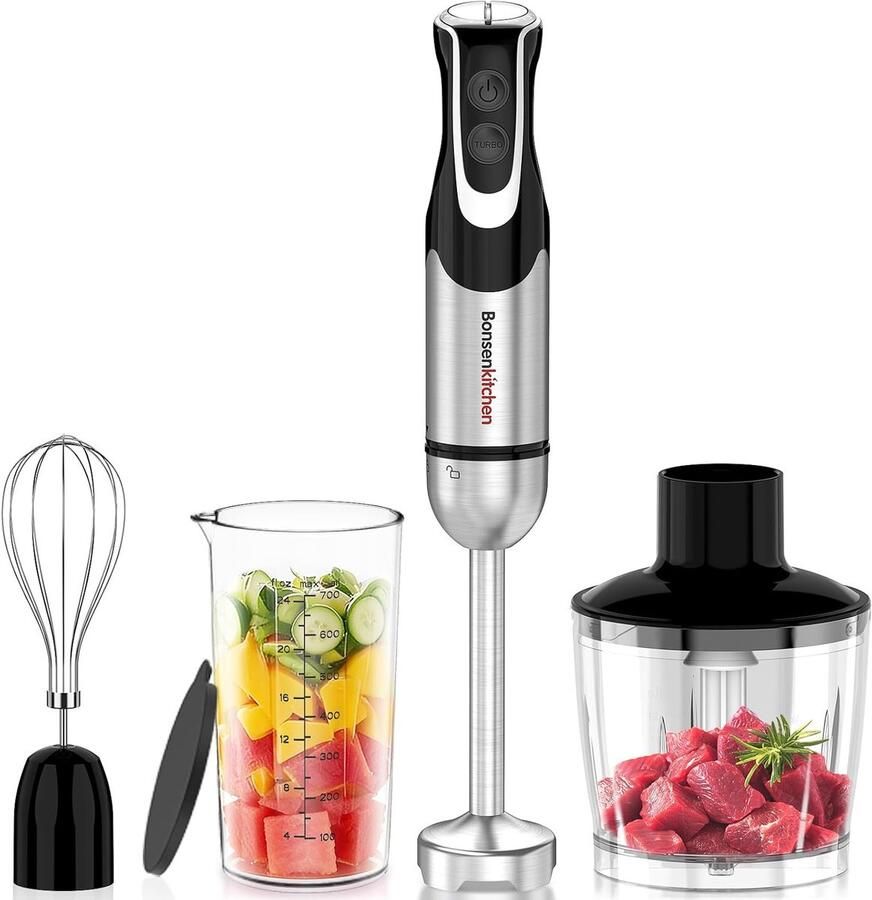 SnelShoppen Multifunctionele Staafmixer 4-in-1 Roestvrij Staal 1000 W 12 Snelheden Met Garde 500 ml Hakmolen en 700 ml Maatbeker voor Keuken K
