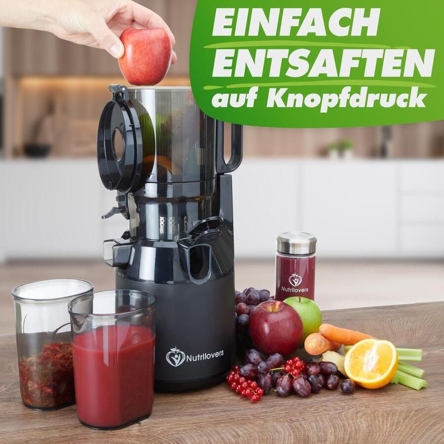 SnelShoppen Nutrilovers Sapcentrifuge NUTRI-PRESS MAX Slow Juicer Koude Pers Met XXL Opening 130mm BPA-vrij Inclusief Sapfles en Receptenboek voor