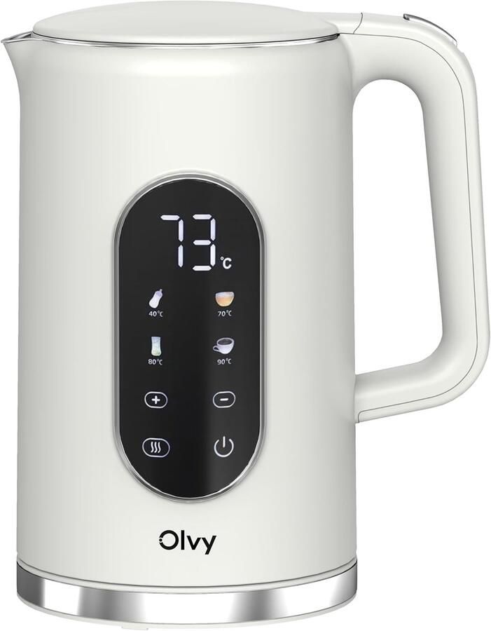 SnelShoppen Olvy Waterkoker met Temperatuurregeling en Warmhoudfunctie RVS Dubbelwandig Elektrisch 1.7 Liter 2200W Crème Wit voor Keuken en