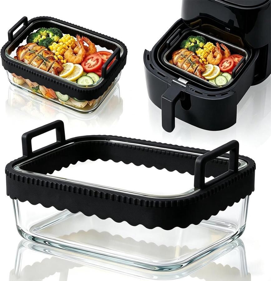 SnelShoppen Ovenschaal Airfryer voor heteluchtfriteuse BPA-vrij glazen Accessoires met Siliconen Ring Vaatwasmachinebestendig 21x16x7 cm Geschi