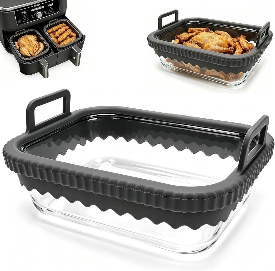 SnelShoppen Ovenschaal Airfryer voor Twee Kamers Glazen Bakvorm met Siliconen Handgrepen Perfect voor Ninja en Cosori Heteluchtfriteuse 21x16
