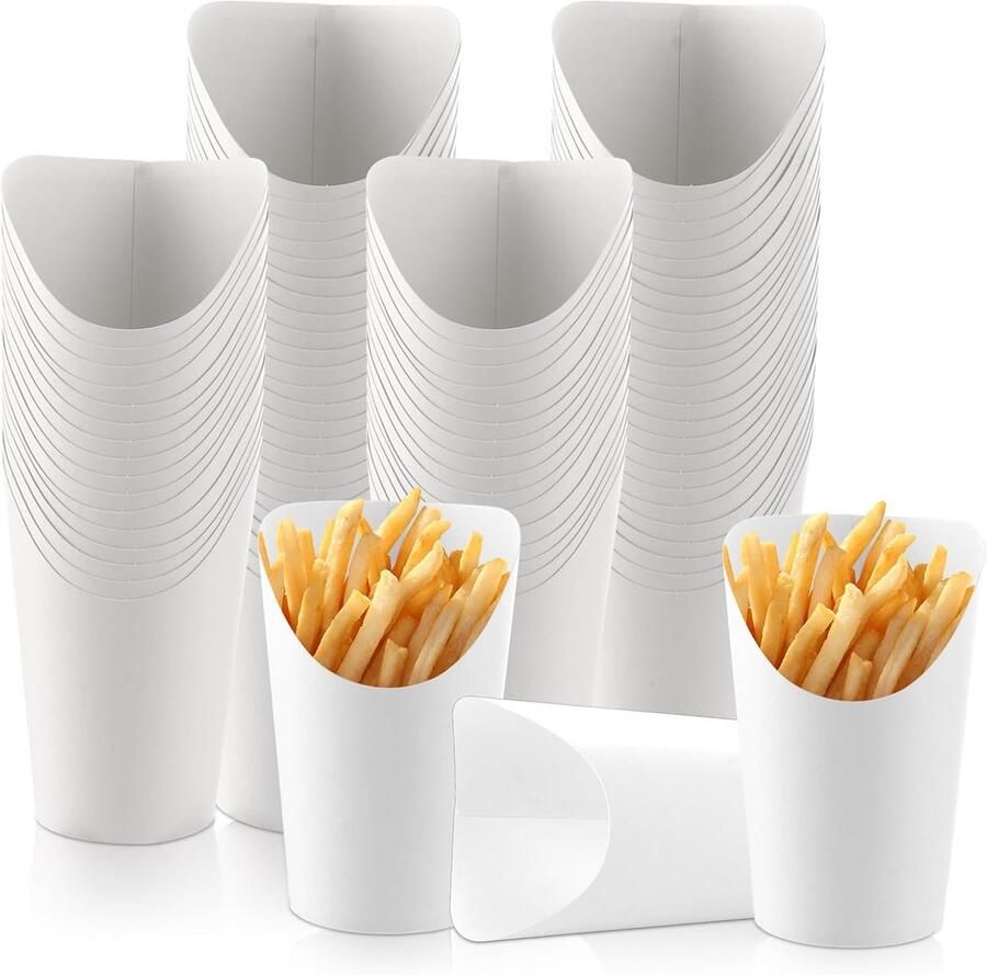 SnelShoppen Pack van 100 Frietbekers Kraftpapier 300 ml Wit Frietbekers voor Snacks Wafels Frieten Popcorn en IJs Biologisch Afbreekbaar Water