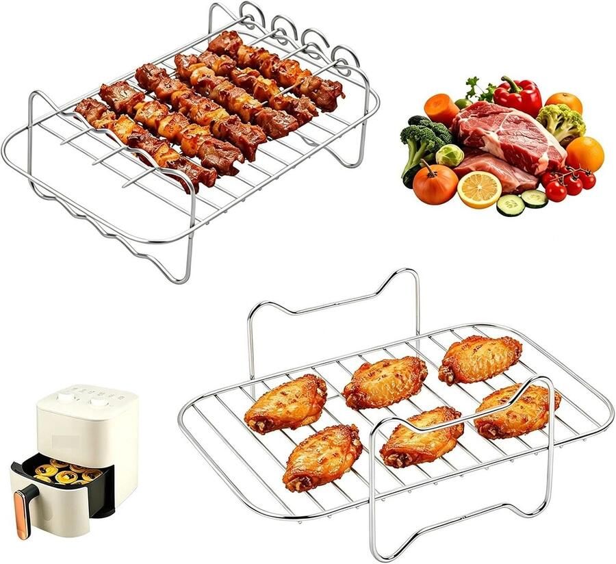 SnelShoppen Pack van 2 Stapelbare Air Fryer Accessoires RVS Grillrooster voor Frituurpan Ideaal voor Frietjes en Kippenvleugels Duurzaam en Makk