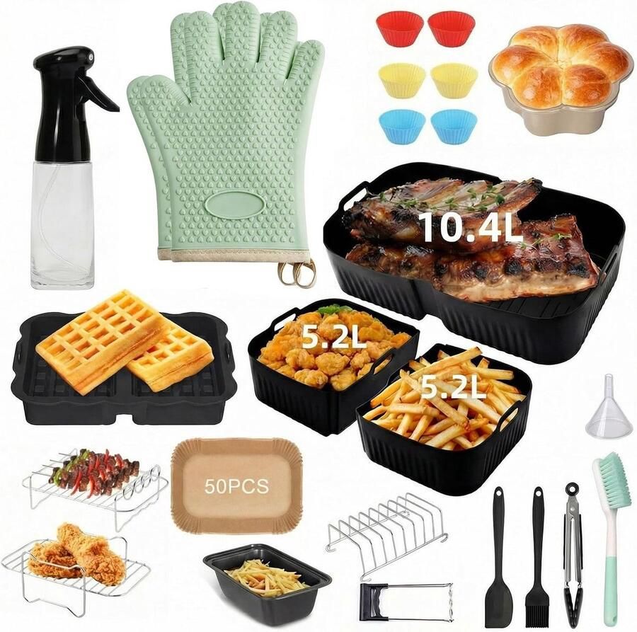 SnelShoppen Pack van 29 Herbruikbare Silicone Bakvormen Set voor Air Fryer Bakaccessoires voor Ninja Foodi FlexDrawer & Cosori Perfecte Maten voor
