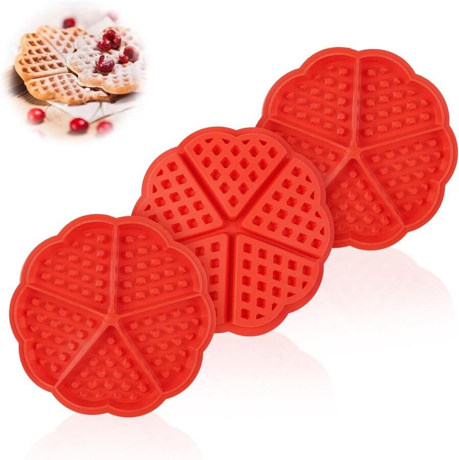 SnelShoppen Pack van 3 Siliconen Wafelvormen voor Airfryer Rode Hartvorm 5 Slots Perfect voor Feestjes en Speciale Gelegenheden