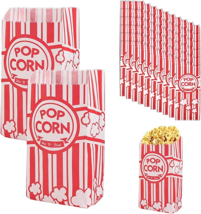 SnelShoppen Pack van 50 Retro Popcornzakken 18x9 cm Oliebestendige Papieren Popcorn Containers in Rood & Wit voor Feestjes Cinema en Carnaval