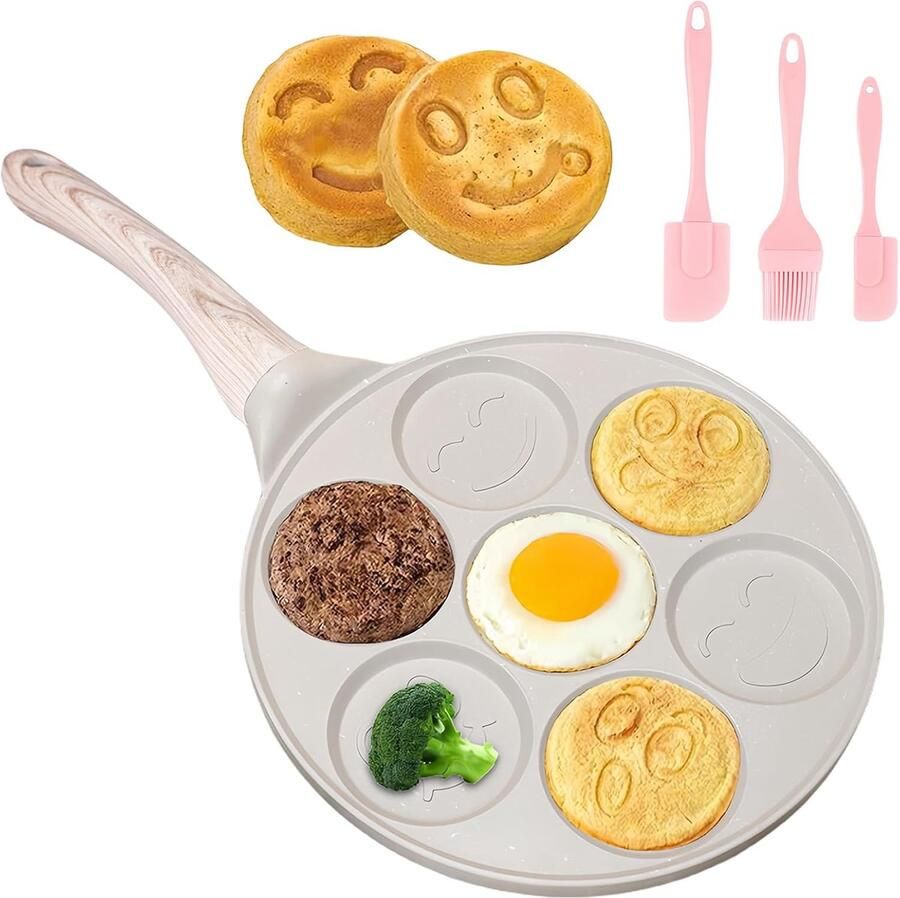 Antiaanbaklaag 26 cm met zeven gaten crêpe pan crêpes maker met smiley-gezichten pannenkoekenpan voor gas enz. spiegeleipan