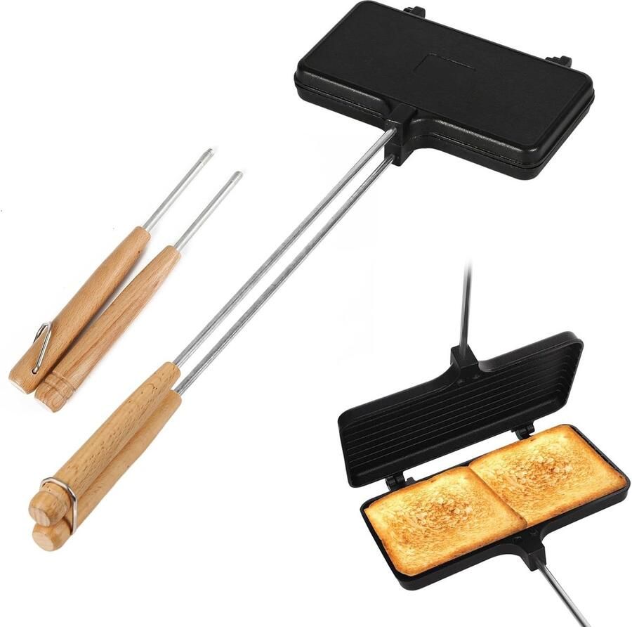 SnelShoppen PEUTIER Dubbele Cake Ijzers Antiaanbak Cake Makers voor Kamperen met 4 Afneembare Handvatten Draagbare Sandwich Maker voor Boven het K