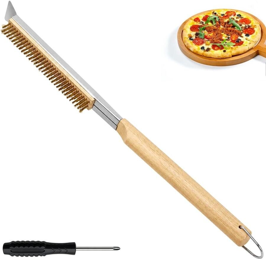 SnelShoppen Pizzaborstel voor Pizzasteen en Pizzaoven 2-in-1 Reinigingsborstel met Lange Houten Handgreep en Roestvrijstalen Schraper Ideaal voor