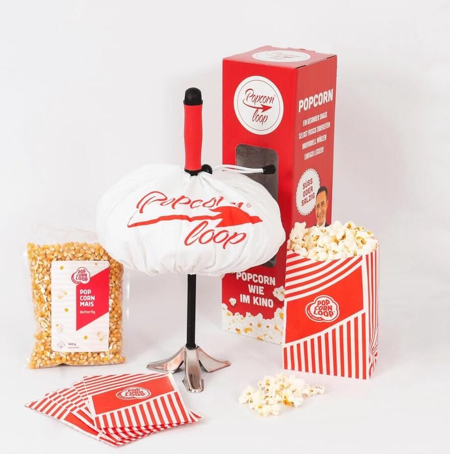 SnelShoppen Popcornloop Starter Set Originele Popcornmachine voor Thuisbioscoop Retro Popcornmaker met 500g Popcorn Mais Katoenen Kap en Roerstaa