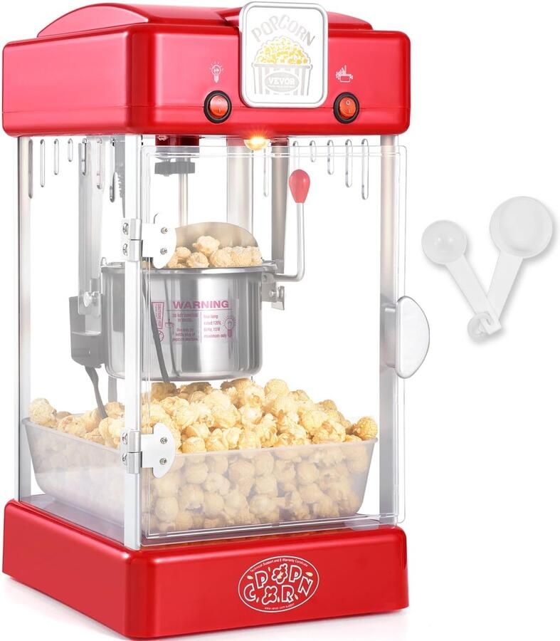 SnelShoppen Popcornmachine 300W Tafel Popcorn Maker met Deur Rood Theaterstijl Inclusief 2 Lepels Perfect voor Feestjes Camping en Kinder