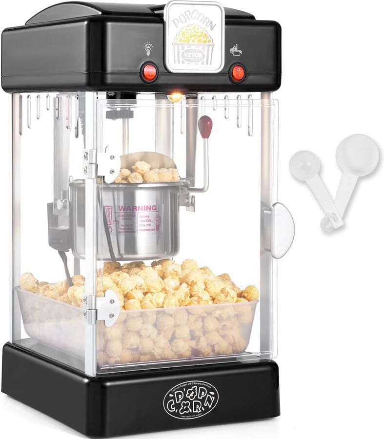SnelShoppen Popcornmachine Elektrisch 300W Compacte Tafel Popcornmaker Zwart Ideaal voor Feesten Camping & Kinderen Inclusief 2 Maatbekers