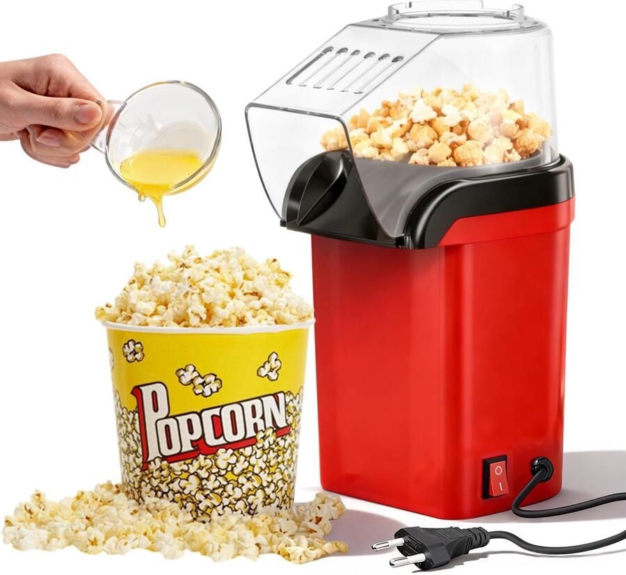 SnelShoppen Popcornmachine Hete Lucht 1200W met Maatlepel Transparant Deksel en Navulopening Gezonde Olievrije Popcornmaker voor Thuis Filmavond