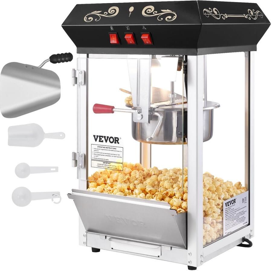 SnelShoppen Popcornmaker 850 W 48 kopjes per charge werkblad popcornpoppermachine met gehard glas inclusief 4 schepjes filmbioscoopstijl zwart
