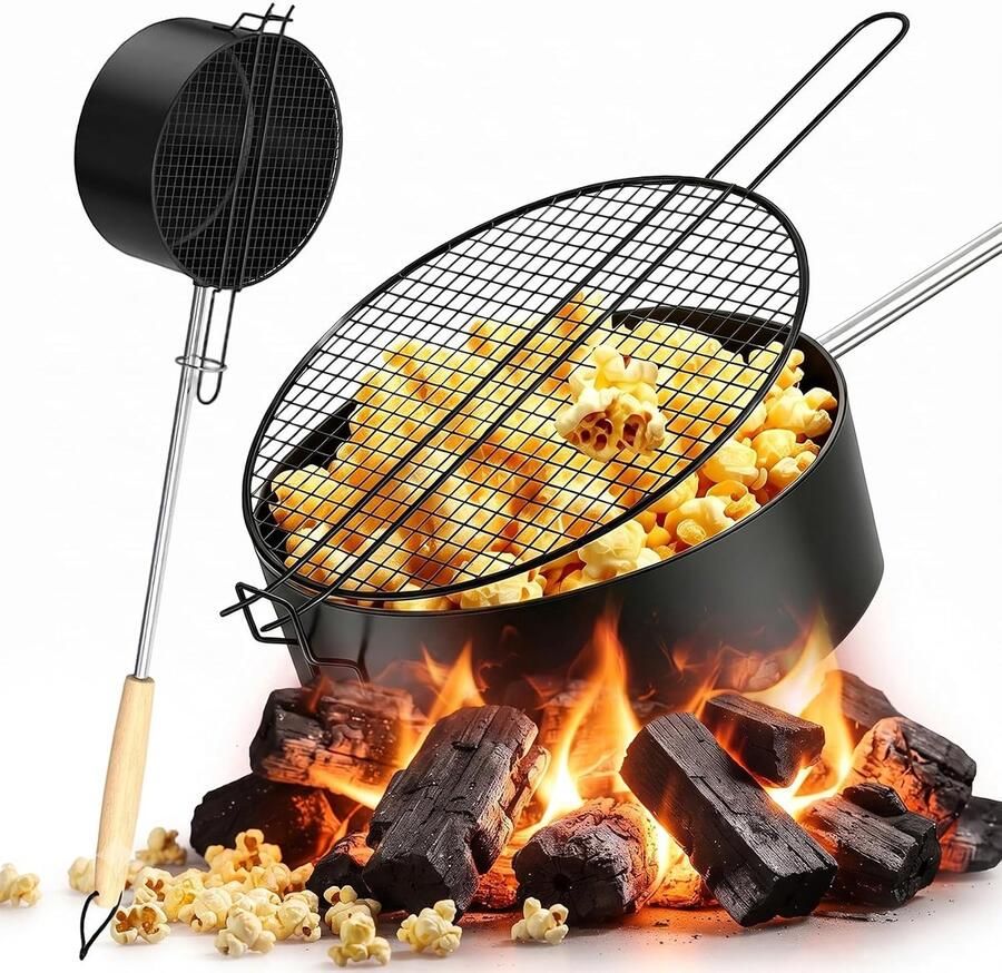 SnelShoppen Popcornmaker Outdoor Koolstofstaal Anti-aanbaklaag Hittebestendige Handgreep Camping Popcornmachine voor Tuin Picknick Bioscoop