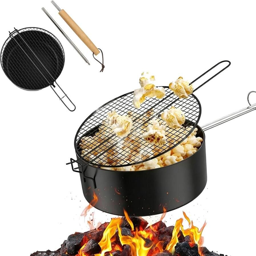 SnelShoppen Popcornmaker voor Kampvuur met Anti-aanbaklaag Draagbare Popcornpan met Verlengd Handvat en Netdeksel voor Barbecue Camping Tuinfeest