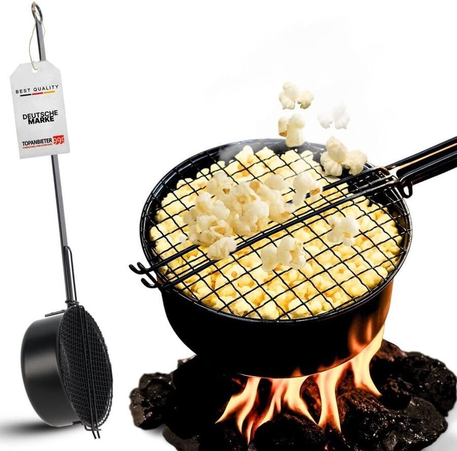 SnelShoppen Popcornpanna voor Campfire en Grill Popcorn Maker met Lange Handgreep en Lattice Deksel Perfect voor Camping Tuin Kinderen en Film