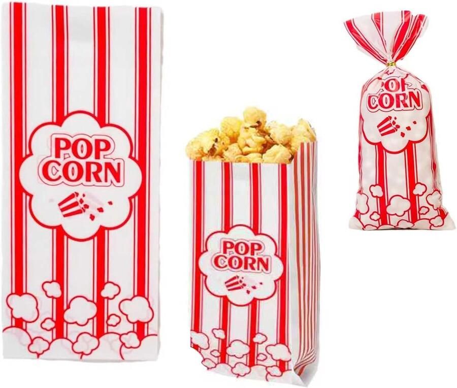 SnelShoppen Popcornzakjes 200 stuks 12 5 x 27 5 cm waterdicht oliebestendig retro rood gestreept design voor feesten bioscoop verjaardag popc