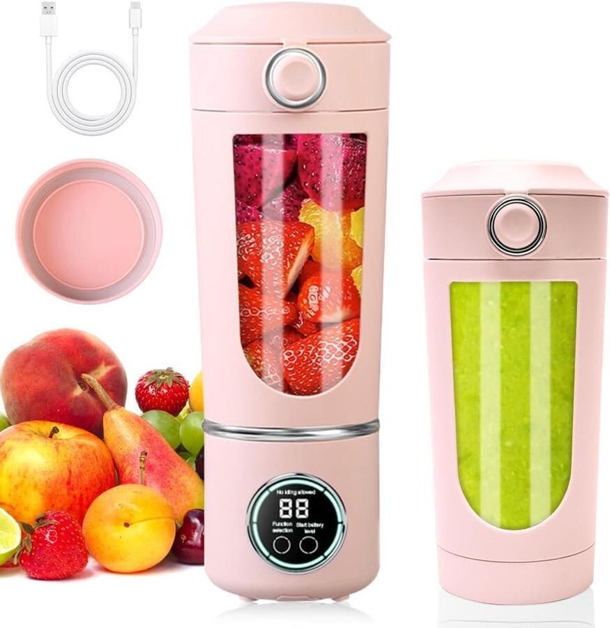 SnelShoppen Portable Mixer 700ml Mini Blender met 12 RVS Messen en Digitaal Display Oplaadbare Smoothie Maker voor Thuis Fitness en Reizen (Roze)
