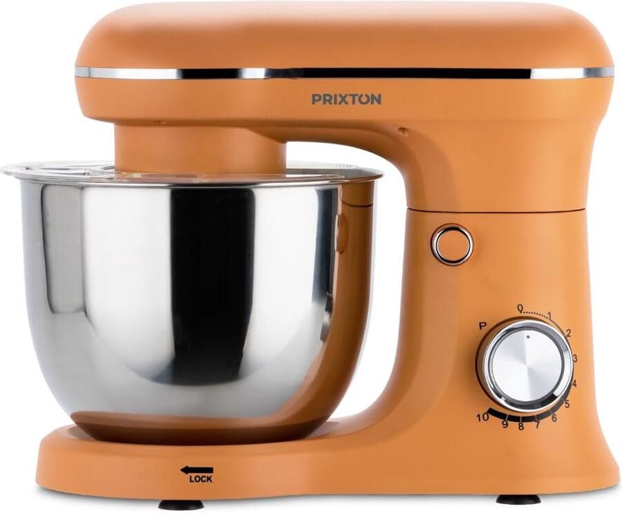 SnelShoppen PRIXTON KR250 Kneedmachine voor Bakwaren 1500 W 10 Snelheden 5L Roestvrijstalen Kom 3 Accessoires Transparant Deksel Oranje Kleur