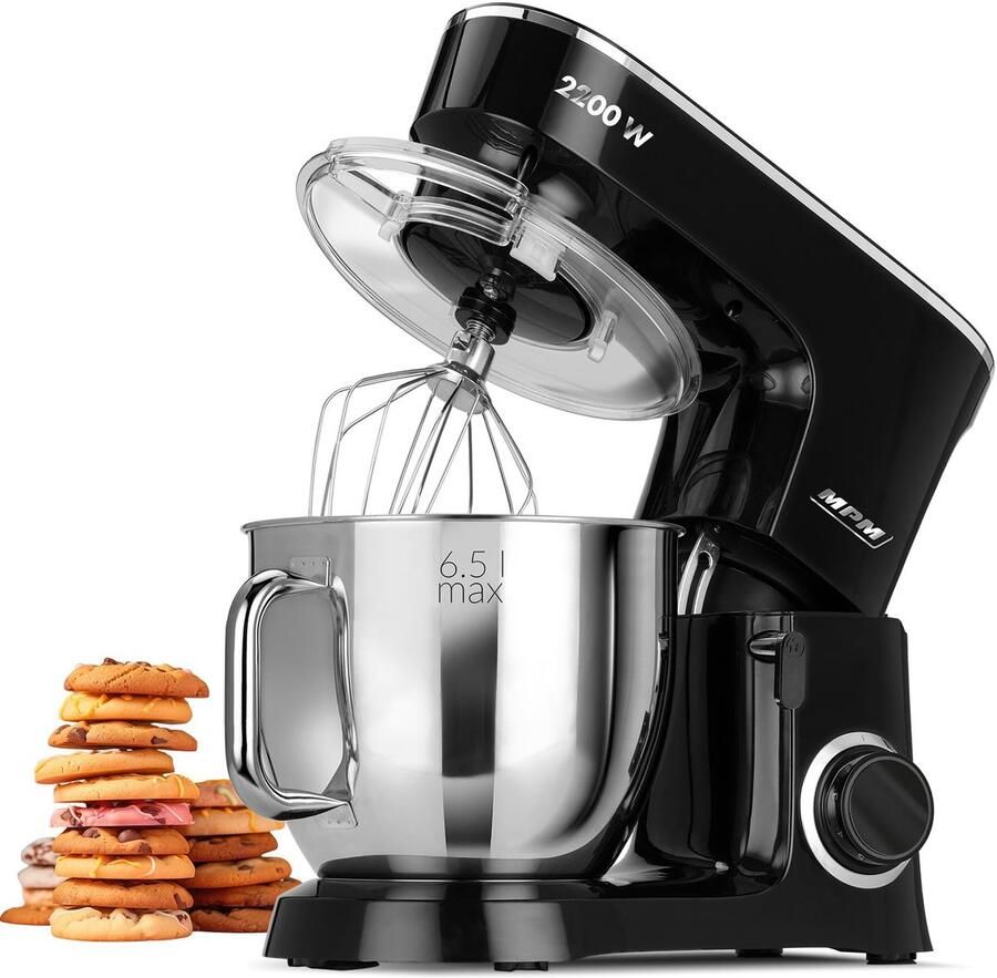 SnelShoppen Professionele bakmixer orbitale keukenrobot 2200 W 6 5 l roestvrijstalen kom 6 snelheden + pulsfunctie planeetsysteem met spatbesche