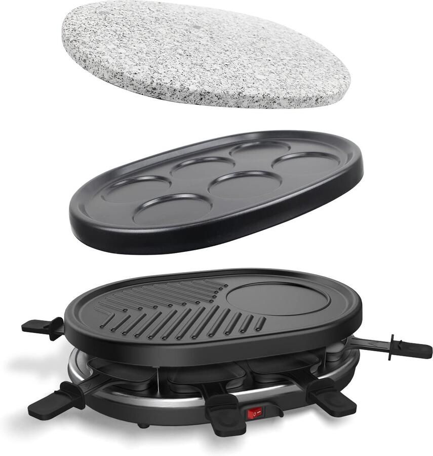 SnelShoppen Raclette-apparaat 4-in-1 voor 8 Personen Multifunctioneel met Grillsteen Grillplaat en Pannenkoekenplaten Inclusief 8 Pannen Vaatwas