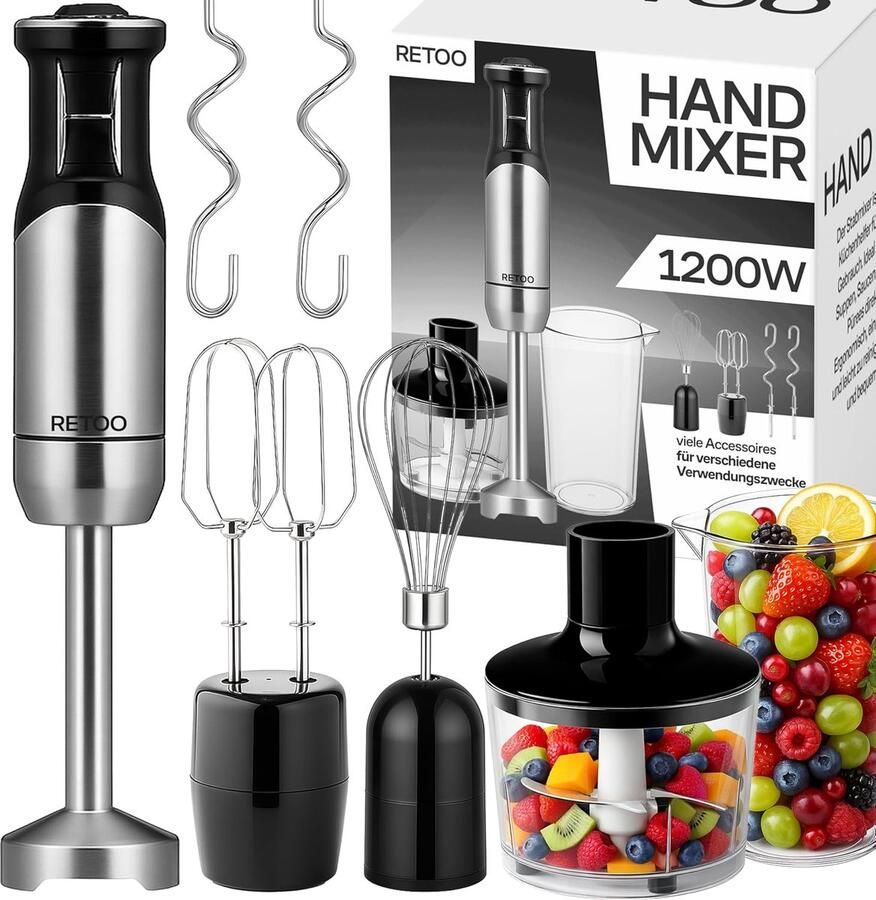 SnelShoppen Retoo Staafmixerset 1200W Turbo-functie 8 Snelheden Spatbescherming Elektrische Pureerstaaf voor Keuken Soepen Noten Multifunctio